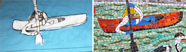 Preparatory drawing of kayak and mosaic detail